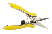 Dramm yellow compact shear front view showing shape and grip for easy storage