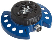 Dramm front view of blue ColorStorm sprinkler showing design and quick-connect benefit