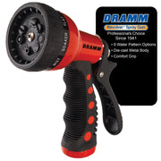 Dramm Revolver front view showing red metal body and spray head benefit durability