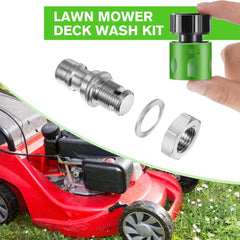 Dreyoo nozzle installed on mower deck demonstrating secure fit and tidy runoff