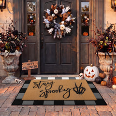 Drydiet layered doormat in porch setting creating welcoming Halloween vibe