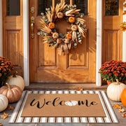 Drydiet front view layered doormat displaying welcome pumpkin and stripes for seasonal curb appeal