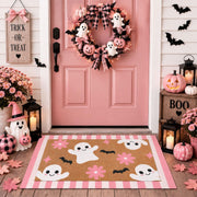 Drydiet front view of pink Halloween doormat set showing welcoming design and curb appeal