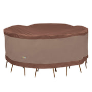 Duck Covers front view of cover on round table set showing full protection