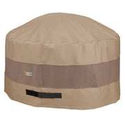Duck Covers front view of fitted 34 inch round fire pit cover protects outdoors