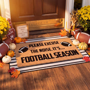 Dunzy coir-style doormat front view showing football graphics and rustic welcome benefit