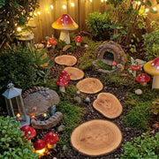 Dunzy front view of six rustic stump stepping stones showing coordinated set and benefit
