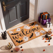 Dunzy front view of Halloween doormat showing welcome design and festive curb appeal