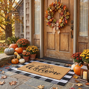 Duraaamo front view of pumpkin coir doormat showing welcoming pattern and durability