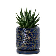 D'vine Dev front view of midnight blue planter showing embossed leaves and stylish finish