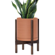 D'vine Dev front view of terracotta pot and walnut stand, shows elegant styling