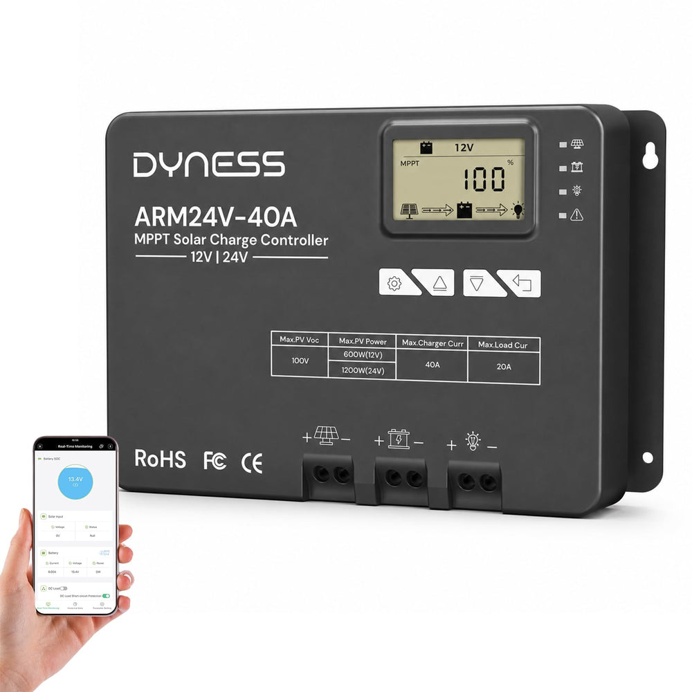 Dyness controller front panel showing LED and buttons for easy monitoring