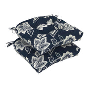DYTXIII front view of two cushions showing navy vines pattern and curb appeal