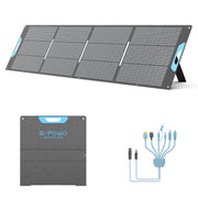E-POWO folded 220W panel front view showing compact portability and quick setup