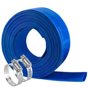 Eastrans front view of blue lay-flat hose showing branding and length, durable benefit