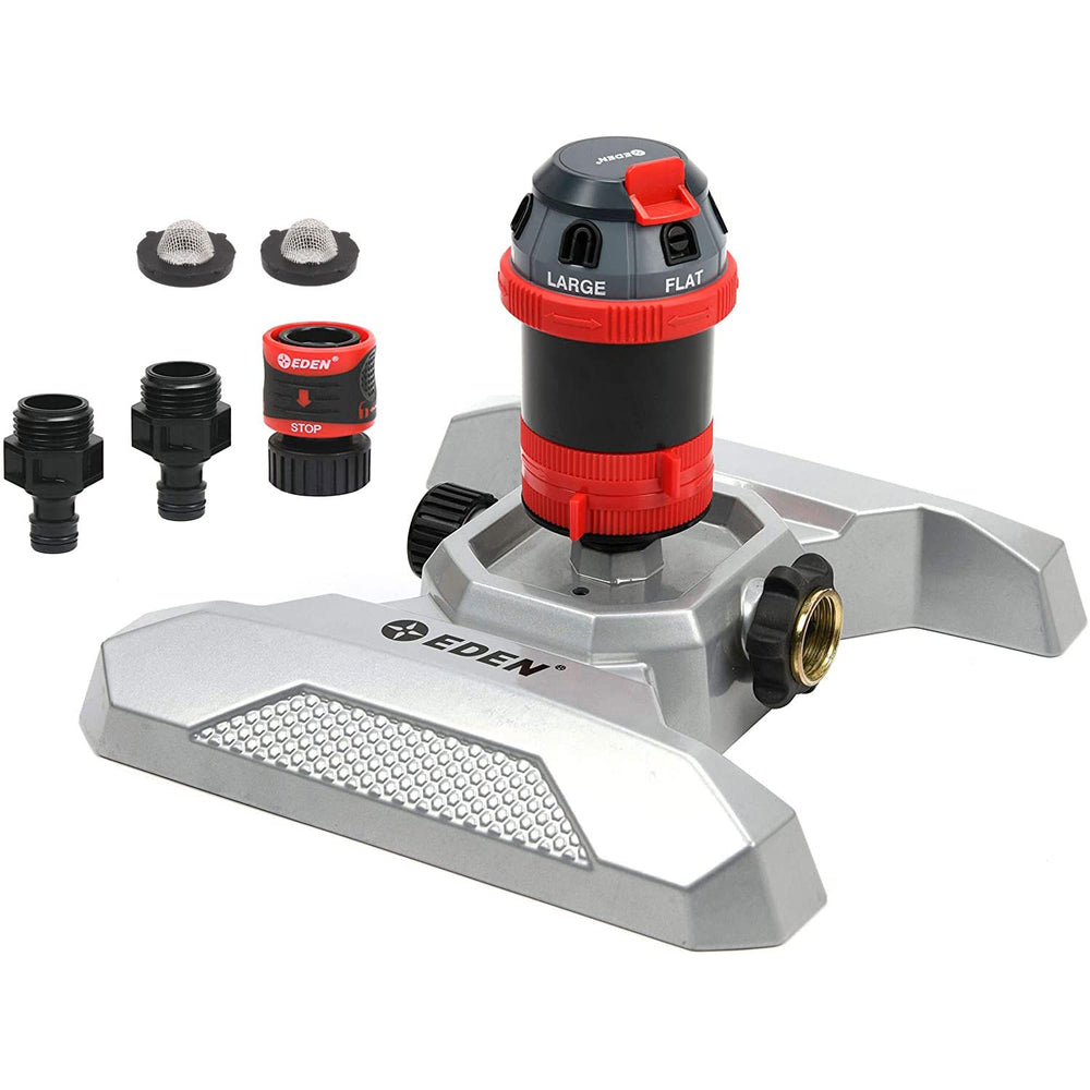 Eden metal-base sprinkler front view showing stable H-shaped base and durable build benefit