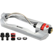 Eden metal oscillating sprinkler front view showing sturdy build and even spray coverage