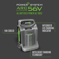EGO Power+ CH5500 with 5.0Ah Arc Lithium battery installed demonstrating quick recharge
