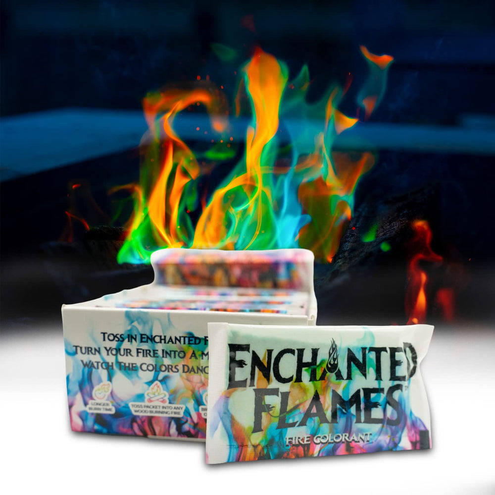 ENCHANTED FLAMES front packaging showing 25 color packets and benefits