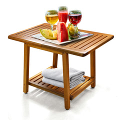 ENKEZI front view showing stable two-tier table and teak look for versatile use