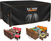 Enzeno front view on patio protecting table and chairs, shows full coverage benefit