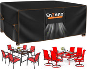 Enzeno front view showing full rectangular cover protecting table and chairs