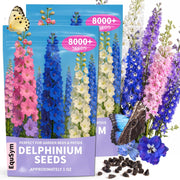 EquSym front packaging showing two sealed 1 oz delphinium seed packets and label for easy storage