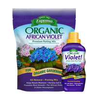 Espoma front bag of African Violet Mix showing product and healthy potting benefit