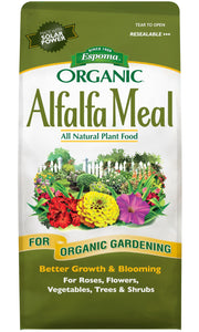 Espoma alfalfa meal front packaging showing organic label and weight benefits