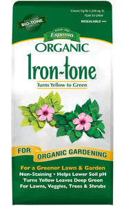 Espoma Iron-Tone front packaging showing product and organic benefit