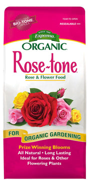Espoma Rose-Tone front packaging showing organic label and benefits