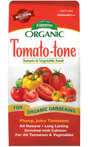 Espoma Tomato-tone front packaging showing brand and 4 lb bag benefits
