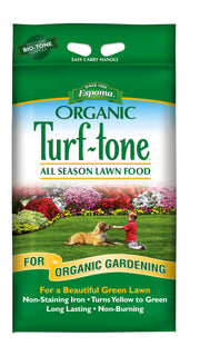 Espoma Turf-Tone front packaging showing 14 lb bag and product branding, promotes long-lasting lawn feeding