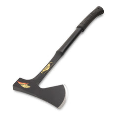 Estwing Camper's Axe head closeup highlighting the hand-polished black finish and sharp 4-inch edge