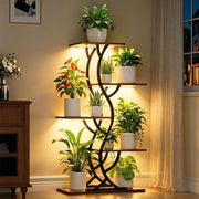 EVAWOO front view brown plant stand showing full five tiers and lights for attractive display