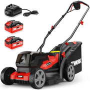 EWORK mower front profile showing compact deck and wheels for easy handling