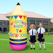 Eyourlife front view of 8ft pencil inflatable showing colorful welcome message and size benefit