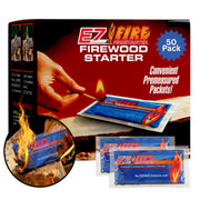 EZ FIRE FIRESTARTER front packaging showing 50-pack and benefits