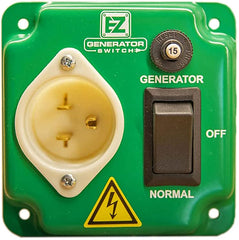 EZ Generator Switch front panel showing controls and benefits of safe generator hookup