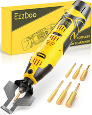 EzzDoo sharpener front view showing compact cordless design and controls for quick sharpening