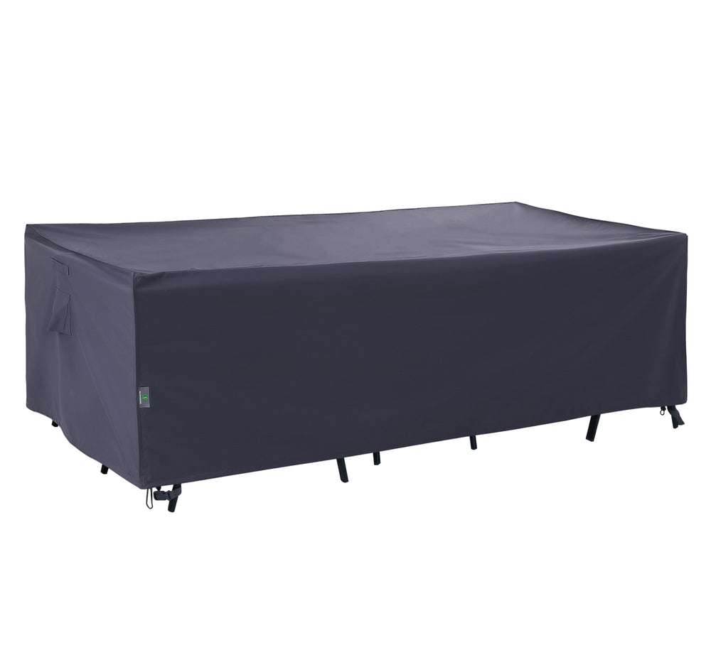 F&J Outdoors front view of grey patio table cover protecting a rectangular table