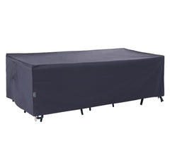 F&J Outdoors front view of grey patio table cover protecting a rectangular table