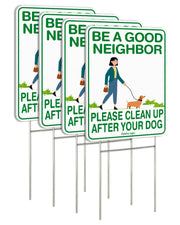 Faittoo front view of four double-sided signs showing clear cleanup message benefit