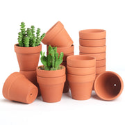 FAMILY front view of 20 unpainted terra cotta pots showing consistent size and finish, ideal for projects