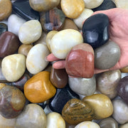 FANTIAN front view of 5 lbs river rocks showing package and mixed colors, durable decor benefit