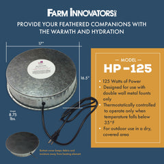 Farm Innovators HP-125 installed under metal poultry fount ensuring reliable water thawing