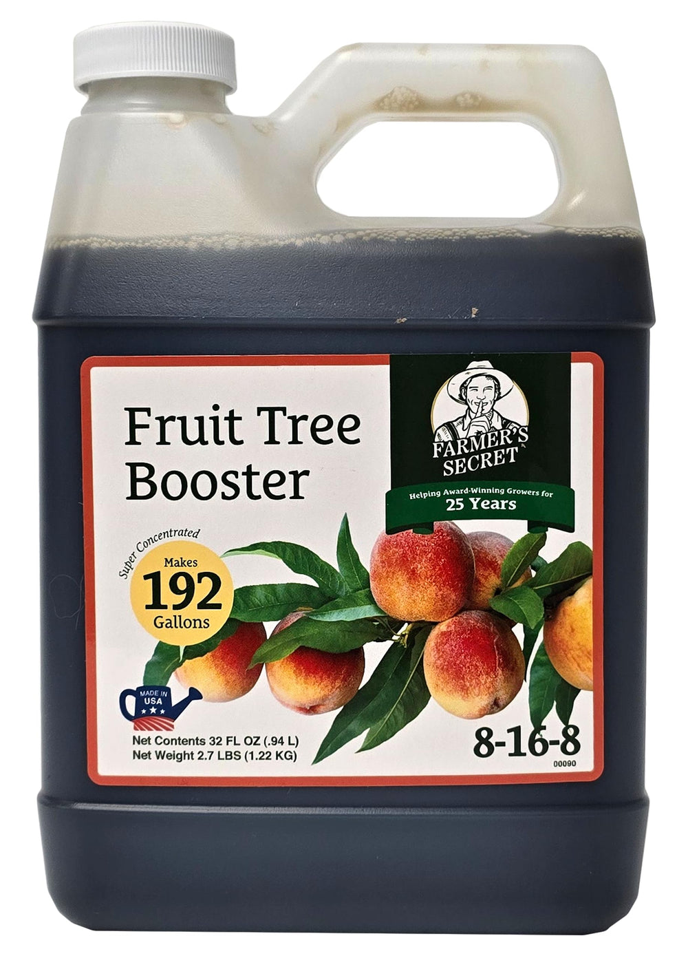 Farmer's Secret bottle front label shows concentrated fertilizer and benefits