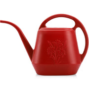 Fasmov watering can front view showing compact burnt red body and benefit: easy storage