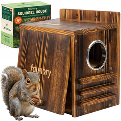 FAUNORY front view of wooden squirrel house showing natural finish and roof benefit