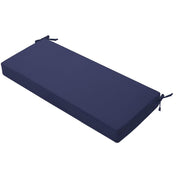 Favoyard bench front view showing blue cushion enhancing outdoor seating comfort